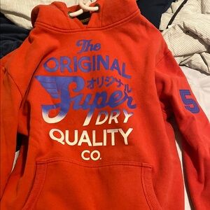 Superdry Red Hoodie with Blue and White Print